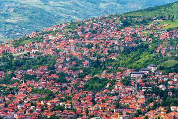 Red roof houses on the hill side, Sarajevo, Bosnia and Herzegovina