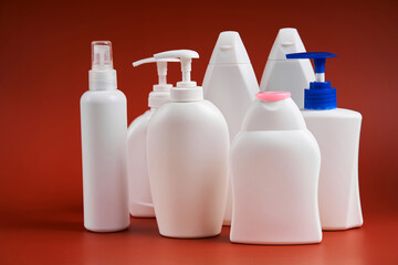A various shapes blank white plastic bottles of soap products