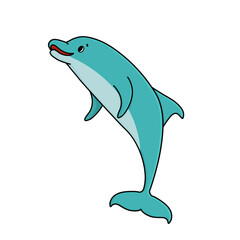 Vector cute cartoon blue outline illustration of a funny dolphin with smile. Doodle happy Animal is isolated on white background