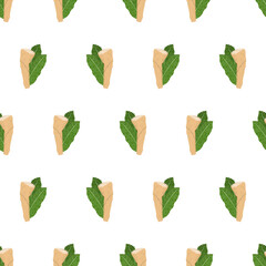 Seamless pattern with green leaf behind horseradish root. Vector nature graphic background. Natural textile.