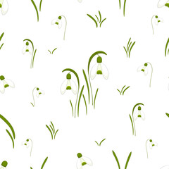 Fototapeta na wymiar Seamless pattern with snowdrops flowers. Spring and floral texture on white and transparent backgrounds.