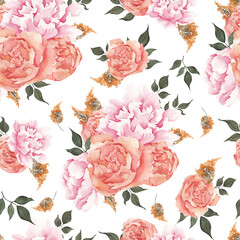 Watercolor seamless pattern with floral bouquet and flowers, isolated on white background