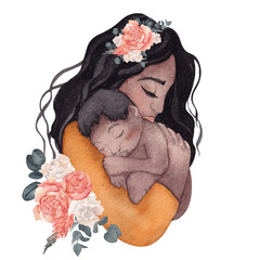 Watercolor illustration with mother and baby, floral bouquet, isolated on white background
