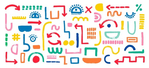 Set of colorful arrows, abstract shapes. Face constructor elements, eyes, mouth,nose, ear. Modern art character.