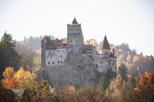 Overview of Bran Castle in Romania in beautiful autumn colors 