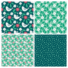 Set of spring seamless patterns with birds and floral elements in a simple style on a green background.