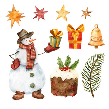 Clipart of watercolor winter elements cute snowman with gift, multi-colored stars, bell with pattern, gift with bow, pine branch and cranberry pie for creating or complementing pictures