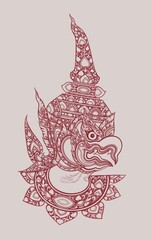 line thai drawing, Garuda, the divine animal in Buddhism, With face and appearance  Is a human half eagle,  visual elements of Art, ornament, t shirt.