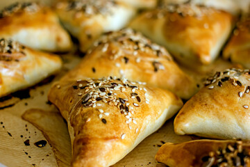 Samsa  pastry pies with meat and pumpkin on a plate on the table, close-up.