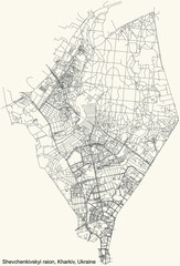 Black simple detailed street roads map on vintage beige background of the quarter Shevchenkivskyi district (raion) of Kharkiv, Ukraine