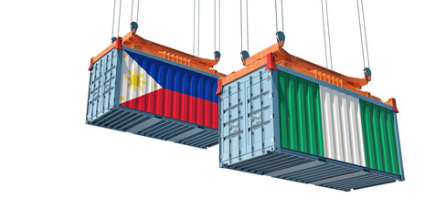 Freight containers with Philippines and Nigeria flag. 3D Rendering 