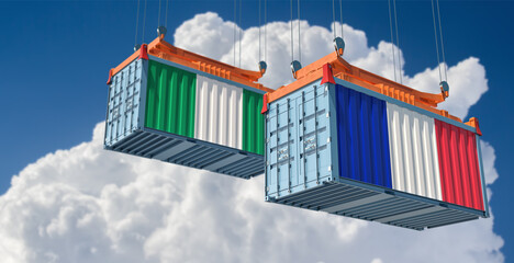 Freight containers with Nigeria and France flag. 3D Rendering 