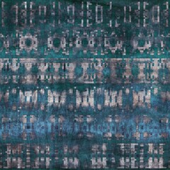 Seamless grungy tribal ethnic rug motif pattern. High quality illustration. Distressed old looking native style design in faded turquoise and gray colors. Old artisan textile seamless pattern.