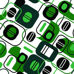 Abstract elements of square and oval shape in black and green on a white background. Geometric seamless pattern. For textiles, wallpapers and backgrounds.