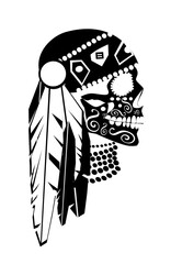 Indian skull icon with feathers, side view black and white, vector. 