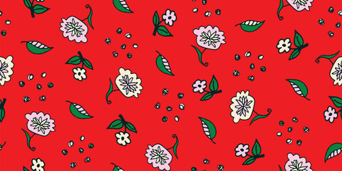 Flowers and seeds doodle seamless vector pattern. Bright girly surface print design for fabrics, stationery, scrapbook paper, gift wrap, textiles, and packaging.