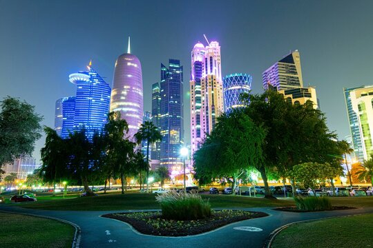 Doha City Downtown, Qatar At Night