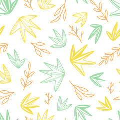 Floral hand drawn vector seamless pattern. Background with abstract bushes, leaf, plants. Colorful ornament in doodles style. Botanical design for print, card, textile, fabric, wallpaper, decor, wrap.