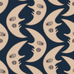 Seamless abstract vector pattern with colorful talisman moon on dark blue background