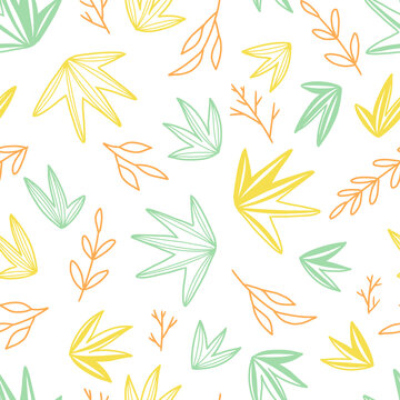 Floral hand drawn vector seamless pattern. Background with abstract bushes, leaf, plants. Colorful ornament in doodles style. Botanical design for print, card, textile, fabric, wallpaper, decor, wrap. © Olga Sayuk
