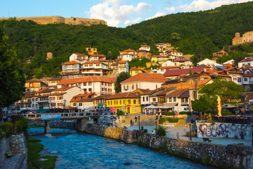 Fototapeta na wymiar Houses in the old town on the banks of the Prizren Bistrica River, Prizren, Kosovo