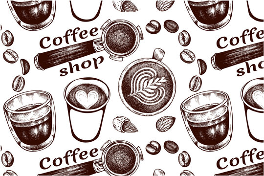 Sketch drawing pattern with cup of coffee,  mug , espresso, cappuccino, latte art, filter holder, portafilter, coffee beans, shop isolated on white background.Vintage, retro style. Vector illustration