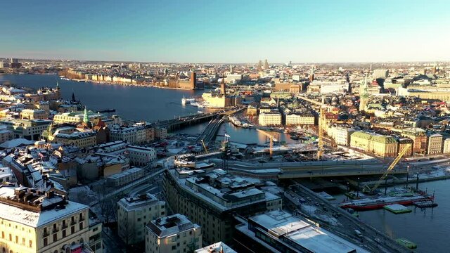 Aerial winter drone view of Sodermalm, Slussen and Golden Bridge in Stockholm City