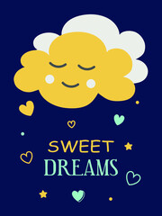 Cute baby card with a sleepy dreamy cloud in blue and yellow colors. For printing children's paintings for the bedroom, notebooks, decorative pillows. Vector graphics.