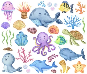 Cercles muraux Vie marine Watercolor set of marine animals and flora isolated on a white background. Children's illustrations of animal ocean for textiles, cards or prints