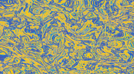 Blue, green colored swirls on a yellow background. Procedural graphic designed as a 3D render, 3D illustration.