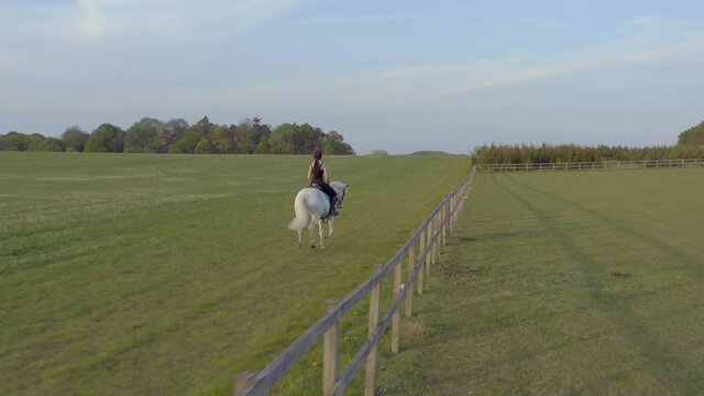 Girl Riding A White Horse in the Countryside