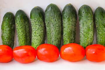 Several green cucumbers and red tomatoes are stay in a rows on a white background