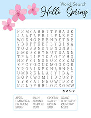 Spring word search puzzle with rainbow. Logic game for learning English words.  Printable party card. Educational game for kids.  Crossword suitable for social media post. Сolorful vector  worksheet. 