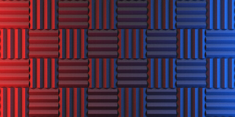 Wall of acoustic foam panels illuminated by red and blue lights. 3d illustration - obrazy, fototapety, plakaty