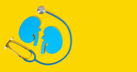 Concept World kidney day, handcraft paper blue kidneys and stethoscope on yellow background. Copy space. Banner