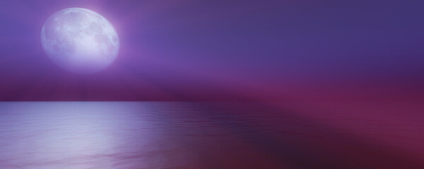 full moon in the sky background reflection in the sea ocean water. 3D render