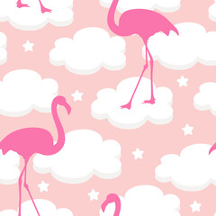 Seamless pattern with exotic pink flamingos on a pink sky background. Birds and white clouds for printing on fabric, textiles, paper, bedding. 