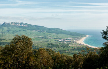 Aerial view of Bolonia coastline and countryside, in Tarifa, Cadiz, Andalusia, Spain