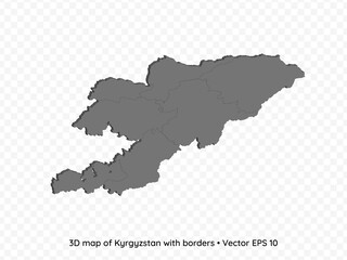 3D map of Kyrgyzstan with borders isolated on transparent background, vector eps illustration