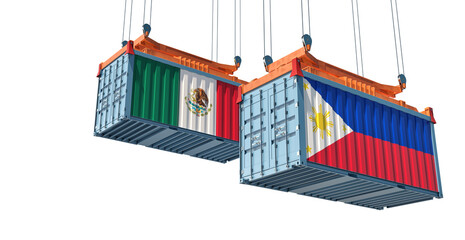 Freight containers with Philippines and Mexico flag. 3D Rendering 