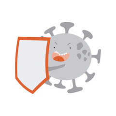 Mad COVID-19 Virus cell with a shield fighting and protecting itself