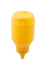 yellow plastic bottle, Squeeze bottle for sauce, milk, chocolate, mustard, tomato sauce, chili sauce, mayonnaise. Mock up on a white background
