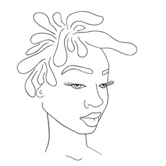 Abstract woman face one line drawing. Portrait minimalistic style. Modern abstract face black line on white isolated. Minimalism concept of african women face, long hear. Face line art drawing style