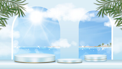 Showcase display with Tropical seascape of blue ocean and island background,Vector 3D Realistic podium on blue sky, cloud and palm leaves on wall, illustration showcase mock up for spring or summer