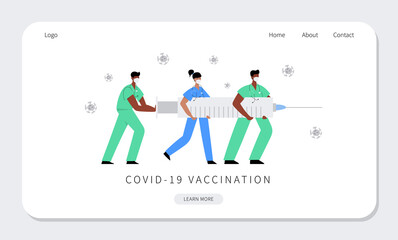 Doctors and nurses fight coronavirus with covid-19 vaccine. People carry big syringe with antivirus shot and inject pathogen. Healthcare, coronavirus, prevention and immunize. Stop covid pandemic.