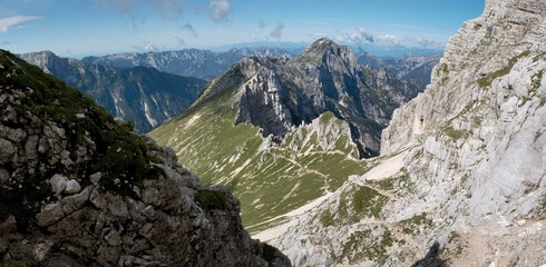 western view from the ascent of the Jôf di Montasio mountain in the Julian Alps in Italy