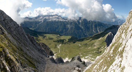 southern view from the ascent of Mount Jôf di Montasio in the Julian Alps in Italy