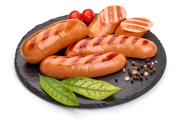 Grilled pork sausages, isolated on white background. High resolution image