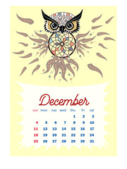 Colorful cute monthly boho calendar 2022 with dream catchers, boho owls, arrows, feathers, inspirational inscriptions