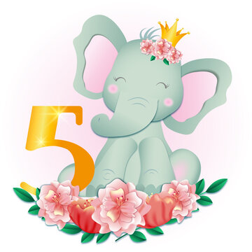Baby elephant with flower. 5 st birthday. Baby shower concept © Irina Maister